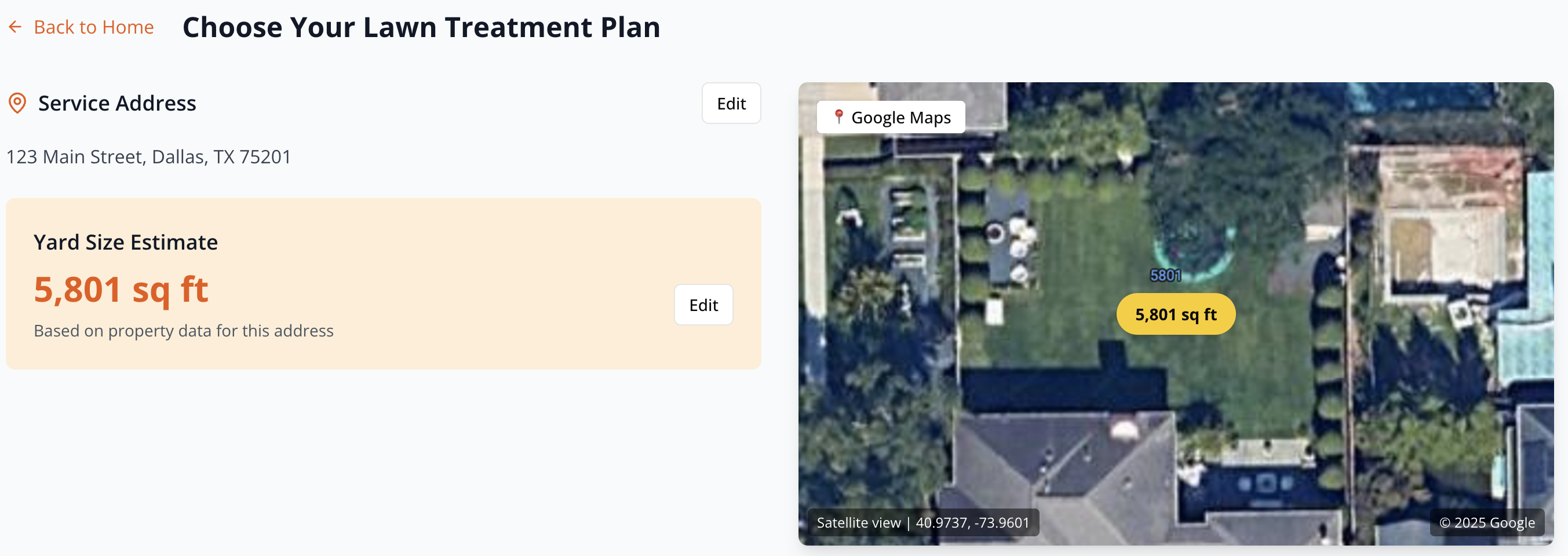 Lawn treatment plan interface showing service address, yard size estimate, and satellite property view