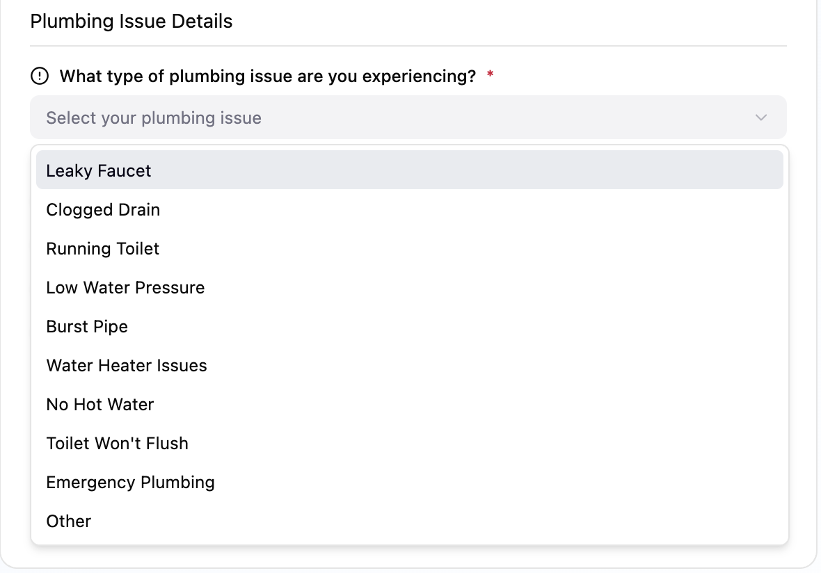 Digital plumbing service form showing dropdown with plumbing issue options like Leaky Faucet, Clogged Drain, Running Toilet, and more